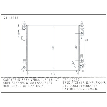 Radiador de automóvel para Nissan Versa 1.6 ′ 12- OEM 21460-3A83A / 1hs3a